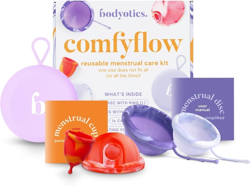 Bodyotics كومفي فلو - حزمة رعاية الدورة الشهرية القابلة لإعادة الاستخدام - كوب الدورة الشهرية والأقراص مع حبل، حلقة، وحقيبة حمل - تصميم مريح - يتضمن دليل إلكتروني - 5 قطع - Image 1